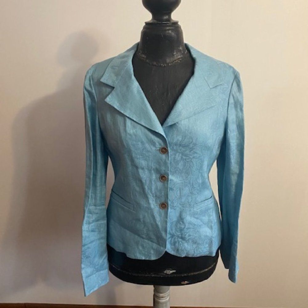 Anne Klein Blue Linen Seer Sucker back panel with Peplum Blazer, size M